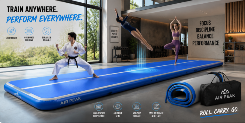 Dynamic training scene with athletes using a versatile blue inflatable gym mat for gymnastics, martial arts, and yoga