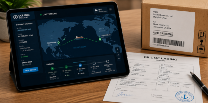 A digital tablet displaying a live cargo tracking map alongside a formal Bill of Lading document on a desk