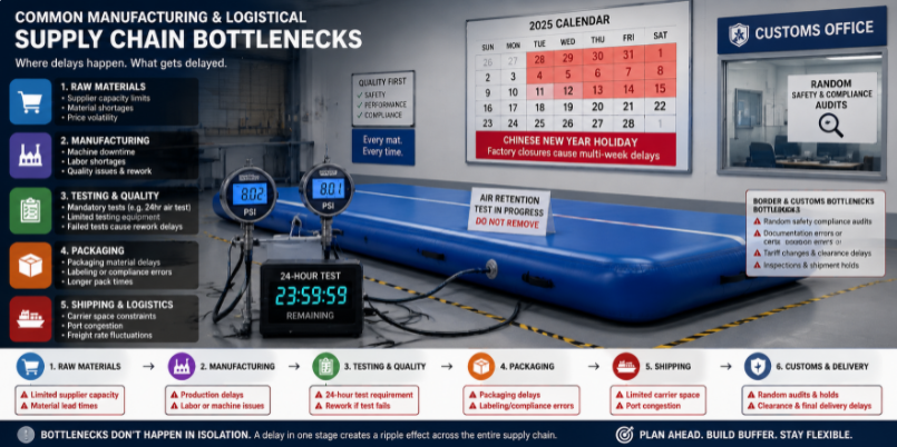 A factory testing room showing an inflatable mat undergoing a 24-hour pressure test with a calendar highlighting holiday delays