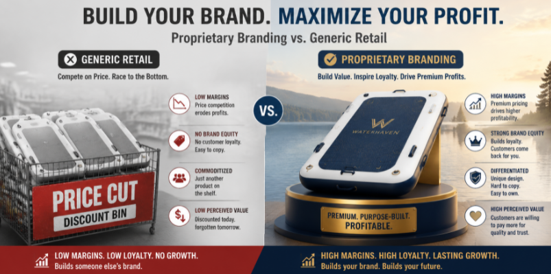 Business graphic showing the high profit margins and brand equity of a custom private-label inflatable dock compared to generic unbranded products