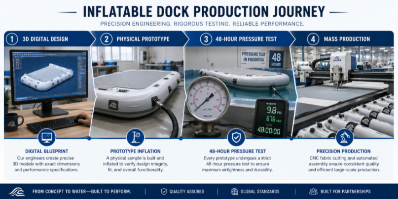 Step-by-step infographic timeline of the OEM manufacturing process from initial 3D digital design to physical prototype pressure testing and mass production