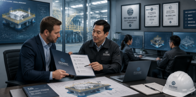 A B2B buyer verifying factory credentials, ISO certifications, and engineering CAD designs with a reliable manufacturing supplier