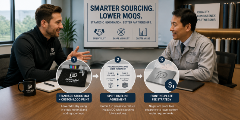 An entrepreneur negotiating with a factory manager using smart supply chain tactics to lower the minimum order quantities for custom mats