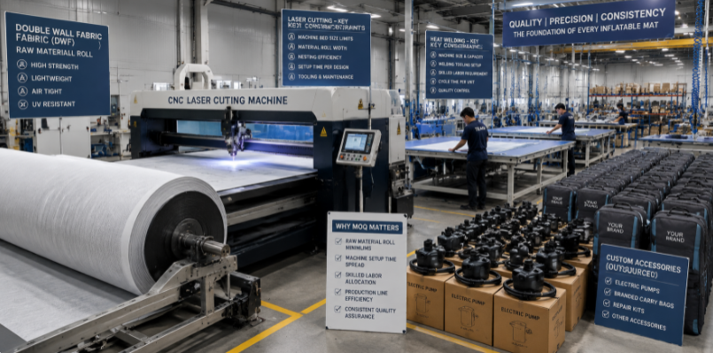 Factory production line illustrating manufacturing constraints such as raw Double Wall Fabric rolls and heat-welding machine setups for inflatable mats