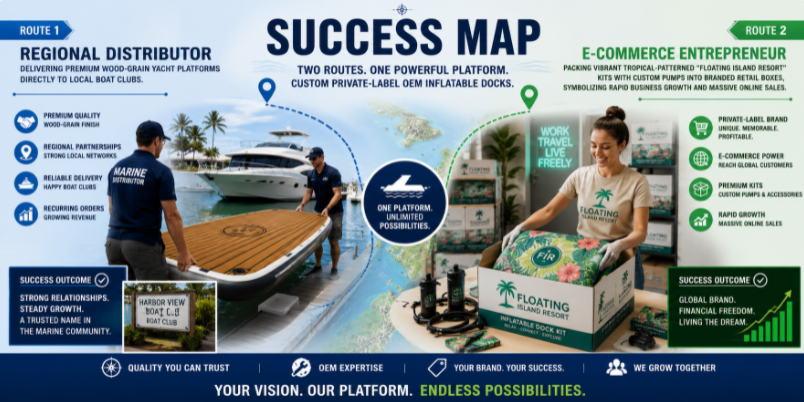 Success stories illustrating a regional marine distributor and an e-commerce startup scaling their businesses using custom private-label OEM inflatable docks