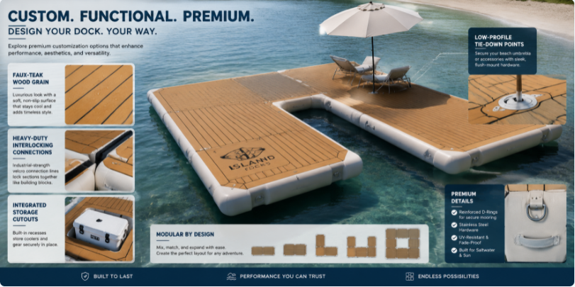 A display of custom design options for inflatable docks including faux-teak foam pads, modular interlocking systems, and functional hardware upgrades