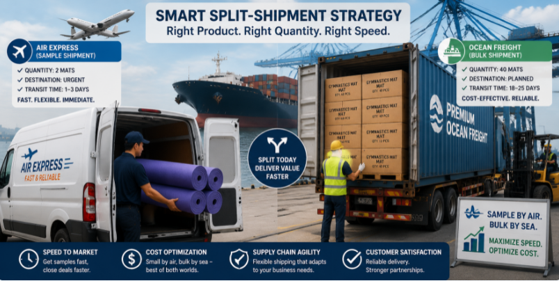A split-shipment strategy showing small sample mats loaded for air express and a large batch loaded into an ocean container