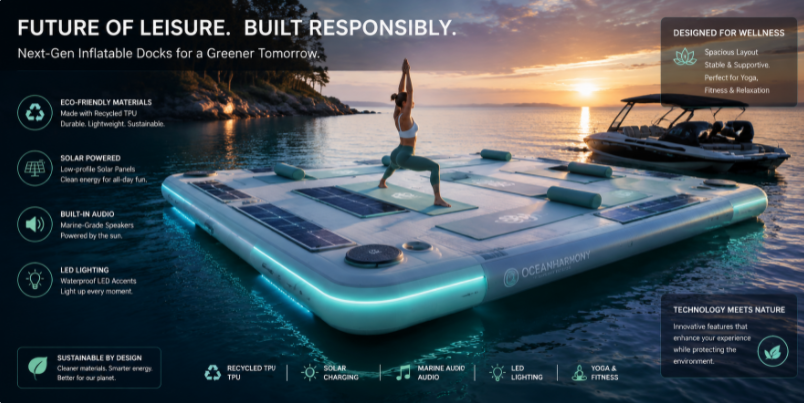 Future product design trends for inflatable docks featuring eco-friendly materials, solar charging capabilities, and built-in LED lighting systems