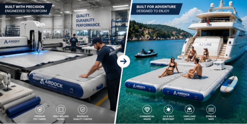 A split-screen illustration showing premium inflatable docks being manufactured in a modern factory and being used next to a luxury yacht on the water