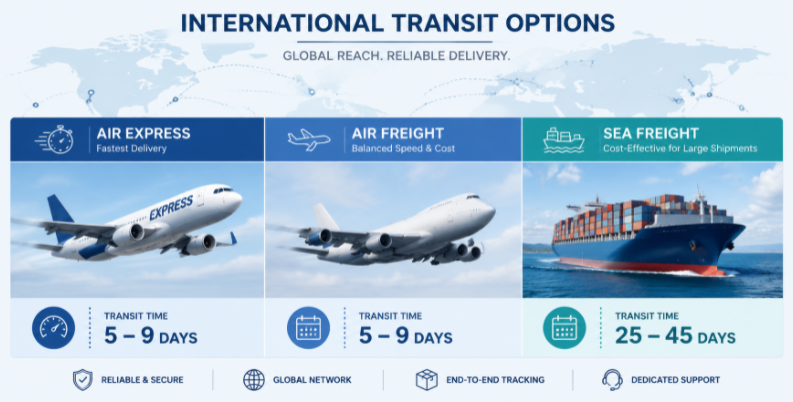 A logistics timeline matrix showing transit icons for air express, air freight, and sea shipping with estimated delivery day ranges