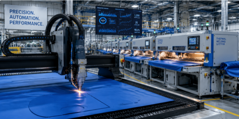 Editorial vector illustration of an automated manufacturing facility in China with robotic laser cutters processing marine PVC fabric