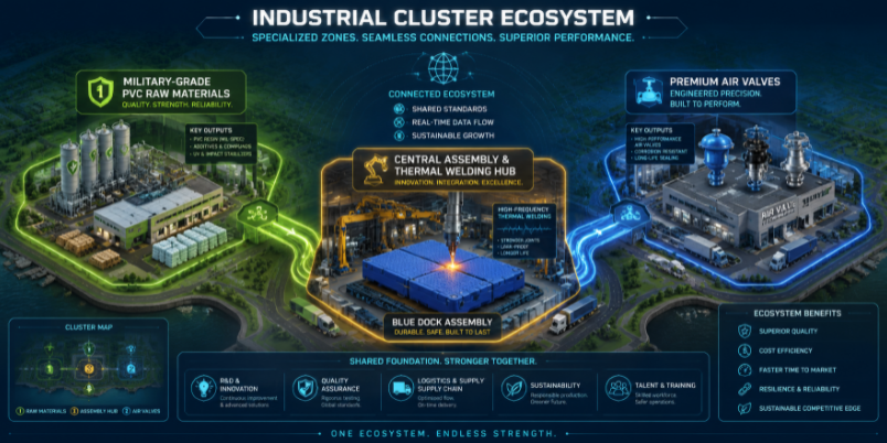 Modern vector graphic representing a manufacturing industrial cluster for high-quality marine equipment and thermal welded seams