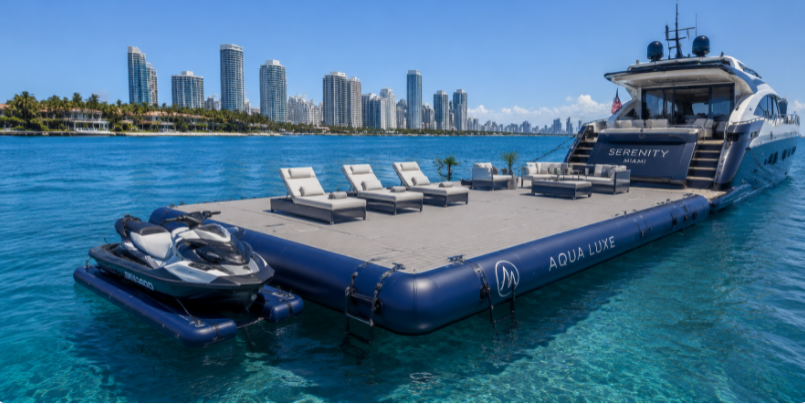 Modern editorial vector illustration of a luxury marine resort featuring a large, rigid inflatable floating dock with lounge chairs and a jet ski
