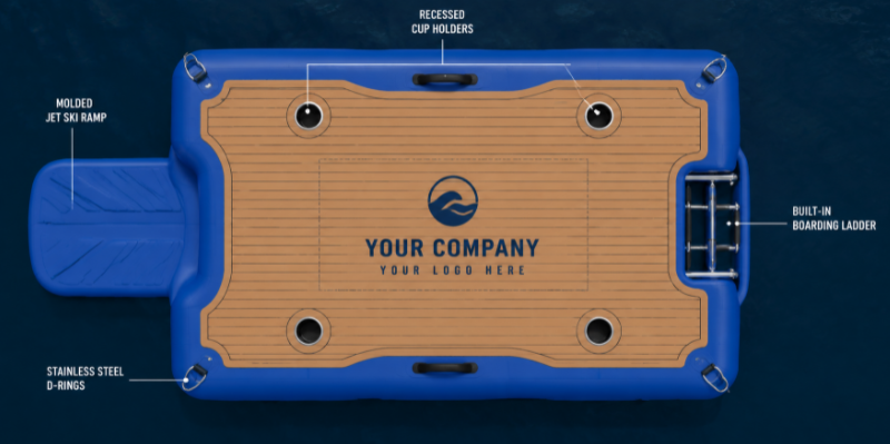Top-down showcasing custom inflatable dock design options, including EVA foam decking, D-rings, and built-in ramps