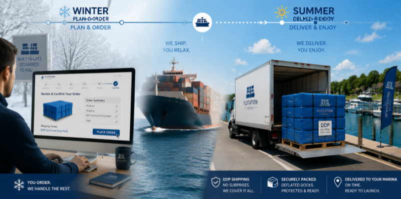 Infographic detailing seasonal procurement timelines and DDP international shipping logistics for commercial buyers