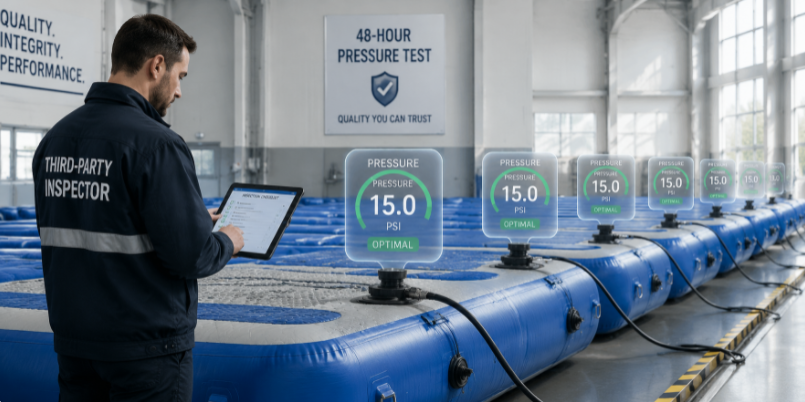 an independent quality inspection and 48-hour pressure gauge test on marine inflatable docks