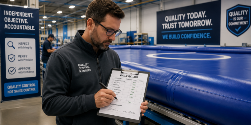 a dedicated factory QC manager reviewing and signing a daily quality control log on the production floor
