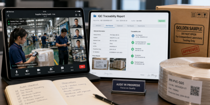 demonstrating remote factory auditing through live video streaming, batch traceability reports, and third-party lab sampling