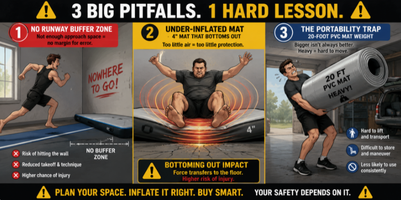 Editorial vector illustration highlighting common mistakes when choosing air track sizes, focusing on weight, thickness, and runway buffer space