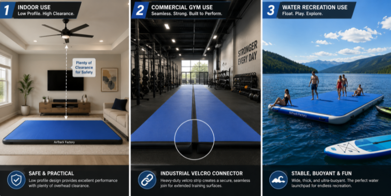 demonstrating air track use cases inside a home, linked with velcro in a gym, and floating as a dock on lake water