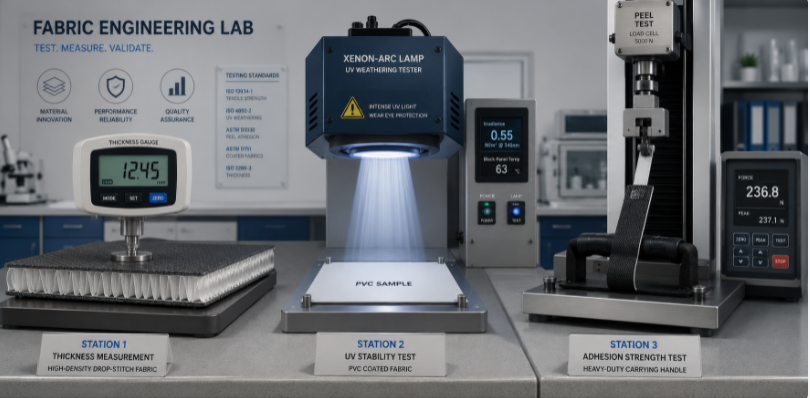 raw material inspection tests including fabric thickness, UV stability light testing, and handle adhesion peeling