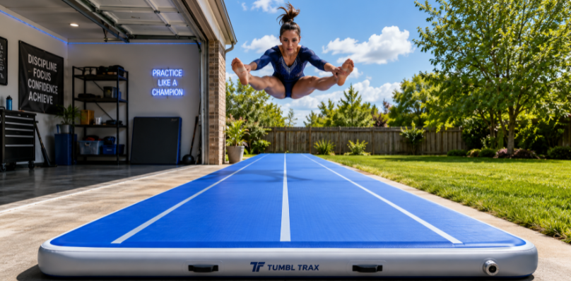 a gymnast performing a flip over a long blue air track mat transitioning from an indoor garage to an outdoor backyard.