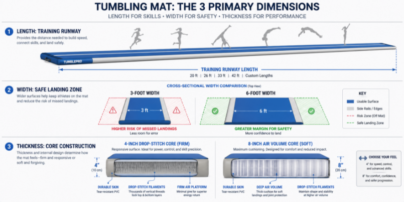 Technical detailing the length, width, and internal drop-stitch thickness of an gymnastics air track mat