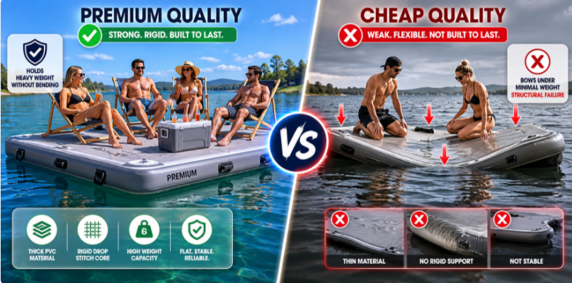Split-screen graphic comparing a rigid high-quality inflatable dock to a sagging, low-quality alternative under weight