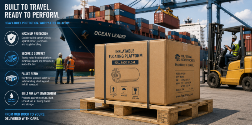 Logistics showing palletized, reinforced packaging for shipping bulk inflatable docks safely.