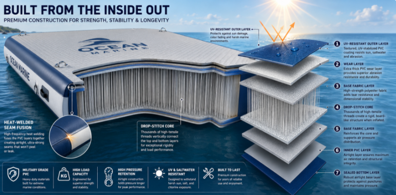 Cross-section vector diagram showing the dense inner drop-stitch threads and heat-welded seams of an inflatable dock.