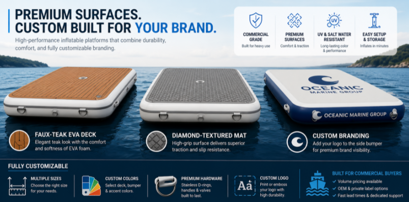 Visual design guide displaying custom EVA decking patterns, colors, and logo branding options for inflatable docks.