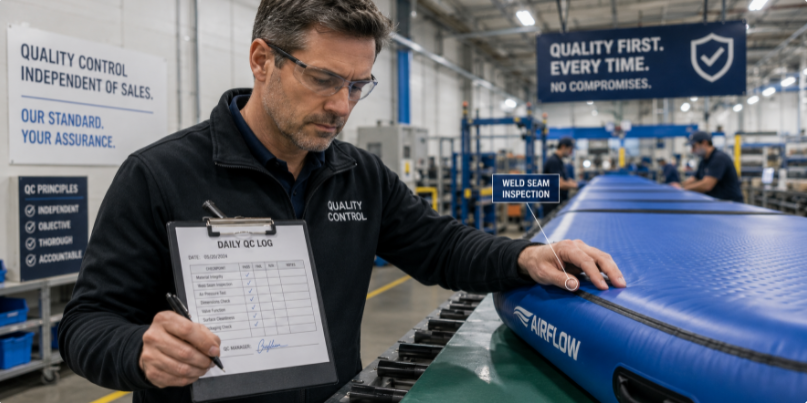 Editorial illustration of a dedicated factory QC manager reviewing and signing a daily quality control log on the production floor.