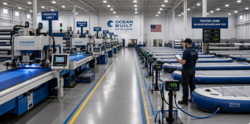  Interior view of an advanced inflatable manufacturing factory running multi-lane production and long-term pressure testing.