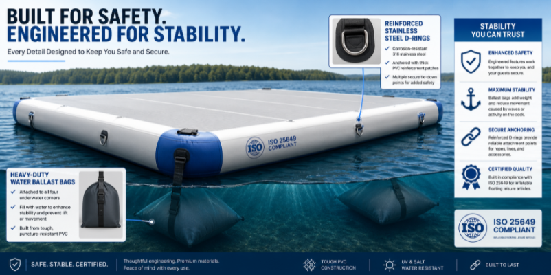 Technical infographic detailing the stability ballast bags, reinforced D-rings, and safety certifications of a commercial dock.