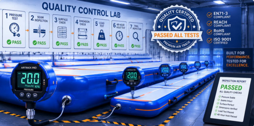 Factory quality assurance testing facility performing pressure drop checks on commercial air tracks.