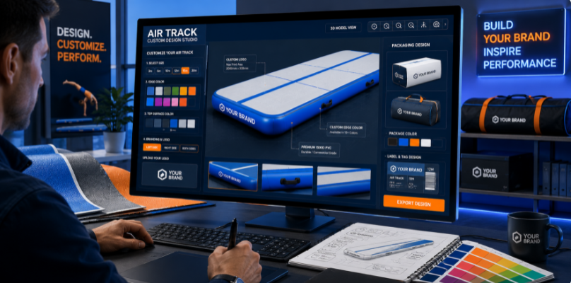 Industrial design workstation displaying 3D CAD blueprints for OEM and ODM custom gymnastics mat private-labeling.