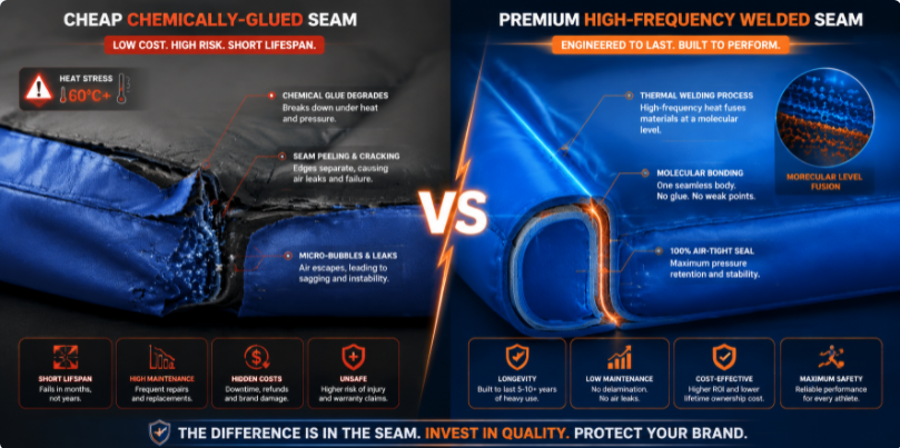 Comparative graphic showing a degraded glued seam versus a flawless high-frequency thermally welded air track seam.