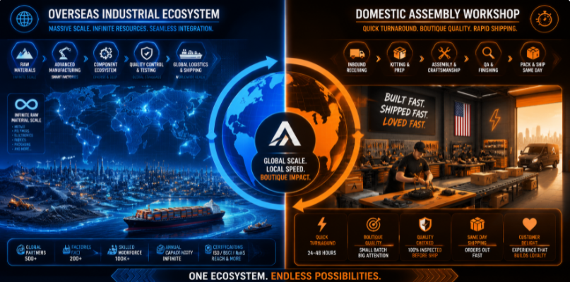 Conceptual map contrasting large-scale overseas integrated supply chain hubs with fast-turnaround domestic assembly workshops.