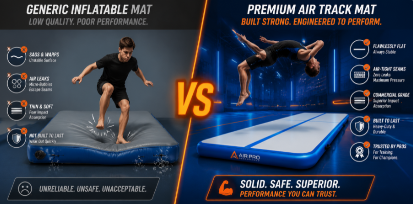 visual comparison between a sagging low-quality inflatable mat and a rigid commercial-grade gymnastics air track.