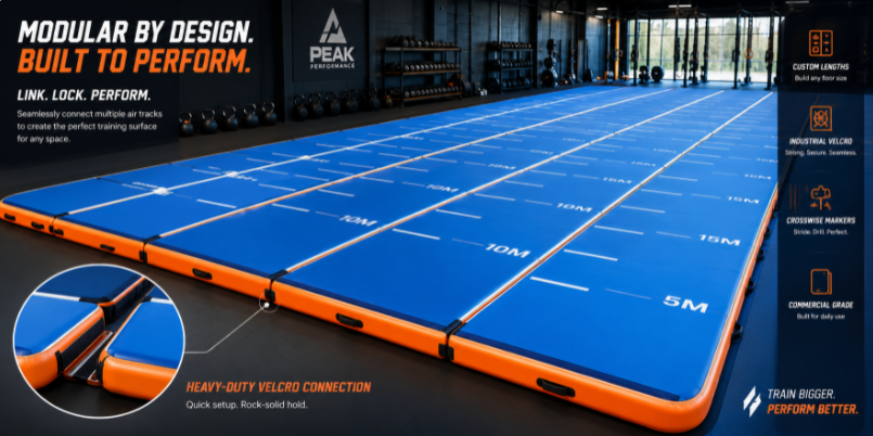Modular commercial air tracks connected by heavy-duty velcro flaps featuring custom visual training alignment graphics.