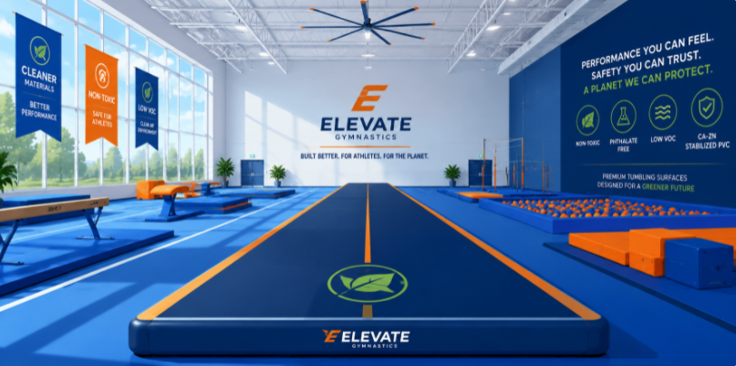 Eco-friendly non-toxic gymnastics mat inside a clean, sustainable institutional training facility.