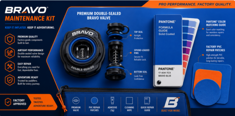 Premium Bravo valve component and matching Pantone color swatch repair kit for commercial air track maintenance.