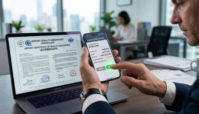 Reviewing an English QC inspection report prior to releasing wire transfer balance payment.