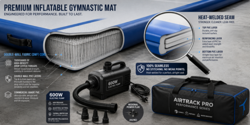 Technical cutaway diagram showcasing double-wall drop-stitch fabric and heat-welded reinforced seams of a high-quality air mat.
