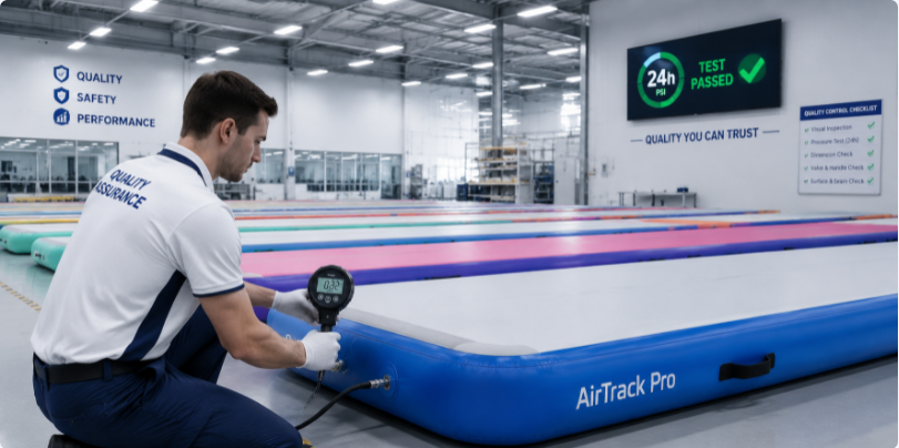 Factory quality control room showing inflatable gymnastics mats undergoing an extensive 24-hour inflation pressure test.