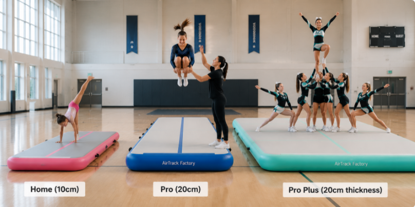 Comparison graphic showing the Home, Pro, and Pro Plus inflatable training mat editions with different thicknesses and widths.