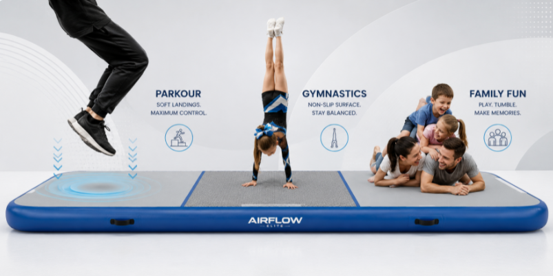 Conceptual illustration demonstrating the shock absorption, non-slip surface, and versatile uses of an inflatable tumbling mat.