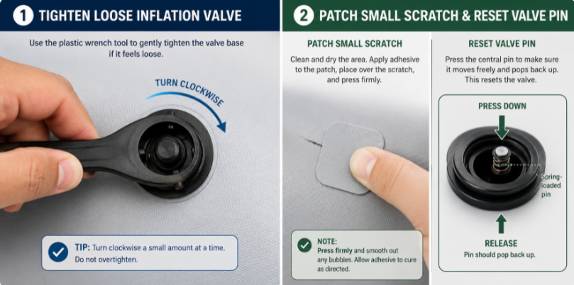 Maintenance diagram showing how to tighten an air valve and apply a PVC patch from an inflatable repair kit.