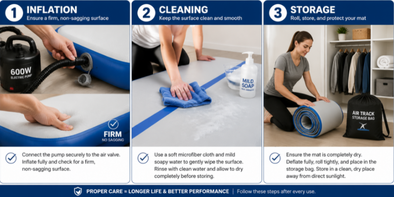 Step-by-step care guide showing the inflation, cleaning, and rolling storage process for an inflatable sports mat.
