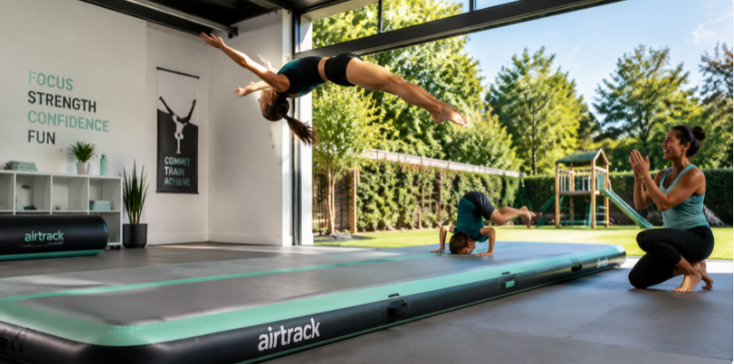 Dynamic action shot of a gymnast executing a flip on a premium mint-green inflatable airtrack mat in a sunny training studio.